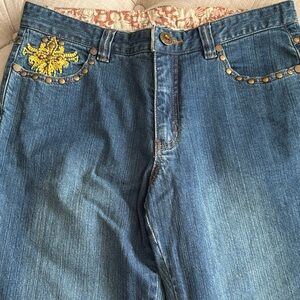 Women's Blue Boot Cut Jeans with Yellow Embroidery and Stud Detail